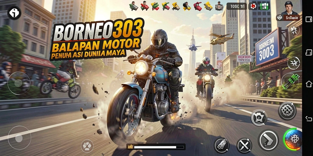Tangkapan layar gameplay BORNEO303 yang memperlihatkan aksi balapan motor yang mendebarkan.