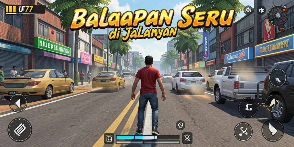 Screenshot utama UT77 menampilkan aksi balapan yang seru dan mendebarkan.